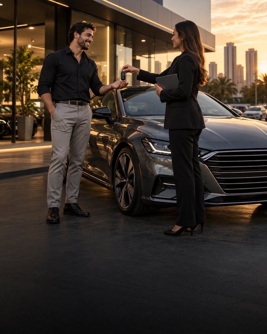 Cliente recebendo as chaves de um automóvel