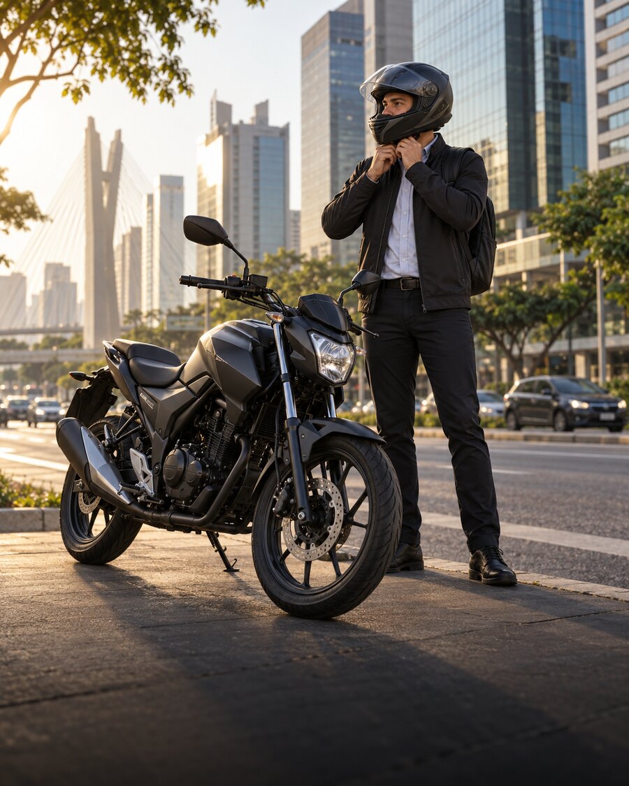 Profissional ao lado de uma motocicleta